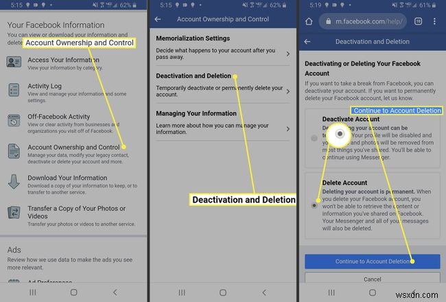 วิธีการลบบัญชี Facebook บน Android