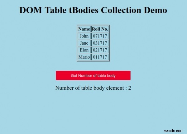 Bộ sưu tập tBodies của bảng HTML DOM 