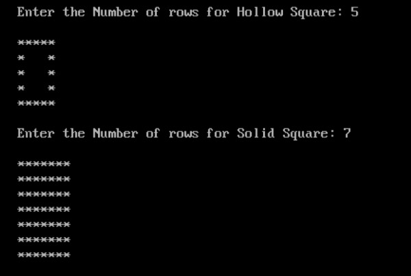 โปรแกรมพิมพ์ลวดลายสี่เหลี่ยมทึบและกลวงใน C 