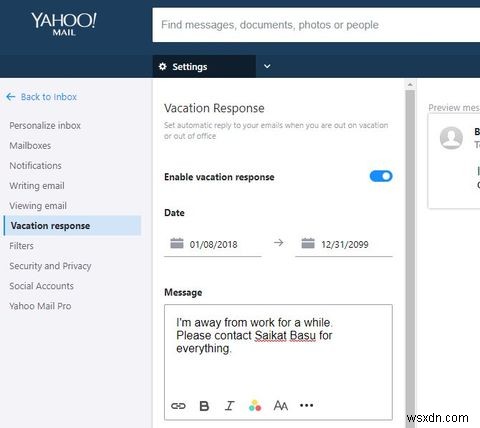 วิธีตั้งค่าการตอบกลับเมื่อไม่อยู่ที่สำนักงานใน Yahoo Mail 