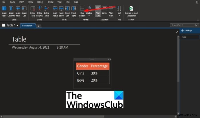 วิธีซ่อนเส้นขอบของตารางใน OneNote 