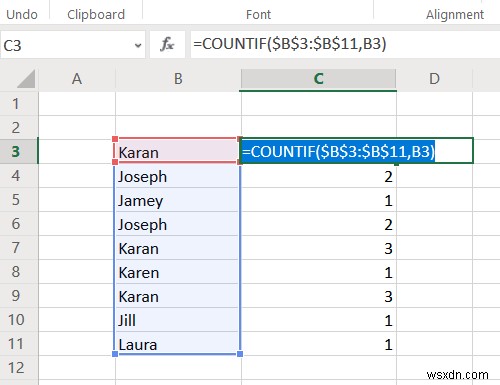 วิธีนับค่าที่ซ้ำกันในคอลัมน์ใน Excel 