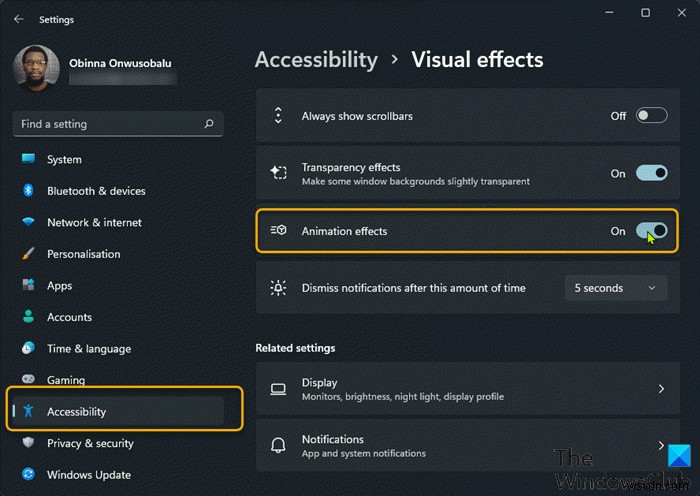 Cách Bật hoặc Tắt Hiệu ứng Hoạt hình trong Windows 11 