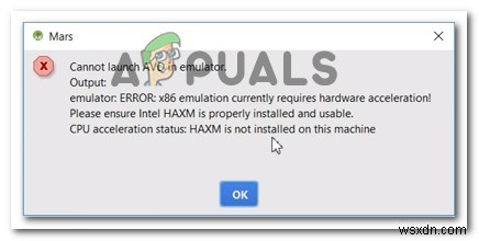 फिक्स:x86 एमुलेशन को वर्तमान में हार्डवेयर एक्सेलेरेशन की आवश्यकता है 