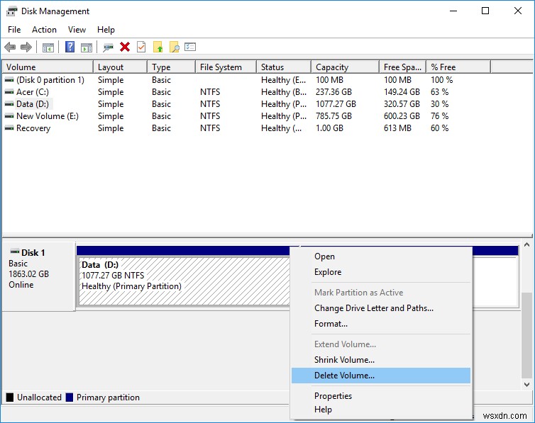 विंडोज 10 में वॉल्यूम या ड्राइव पार्टीशन कैसे डिलीट करें 