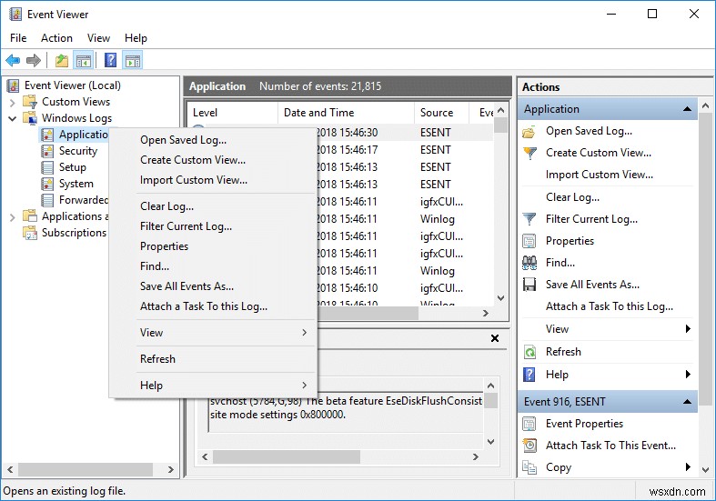 วิธีการล้างบันทึกเหตุการณ์ทั้งหมดใน Event Viewer ใน Windows 10