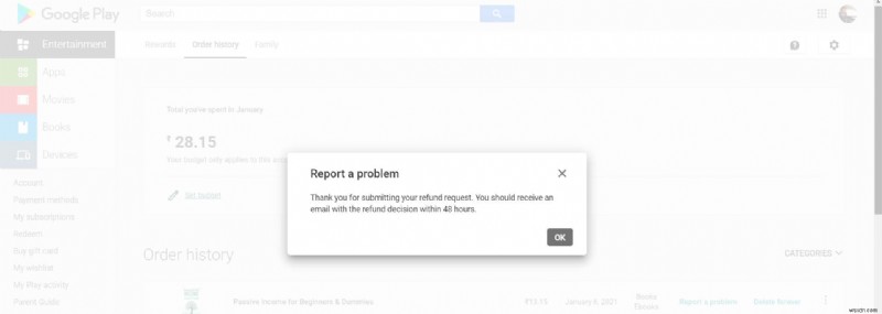 วิธีรับเงินคืนสำหรับการซื้อใน Google Play Store