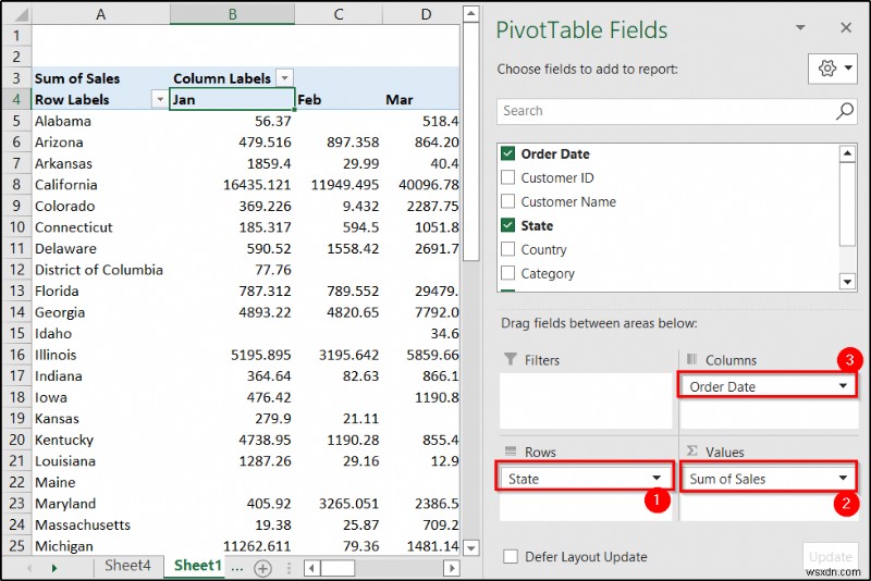 रिपोर्ट बनाएं जो एक्सेल में क्षेत्र के अनुसार तिमाही बिक्री प्रदर्शित करे