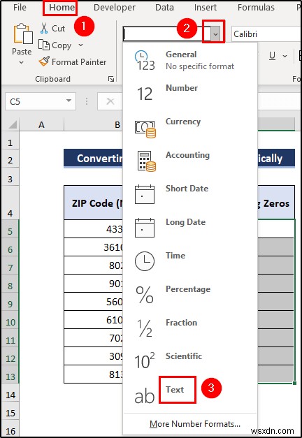 วิธีการแปลงตัวเลขเป็นข้อความที่มีเลขศูนย์นำหน้าใน Excel