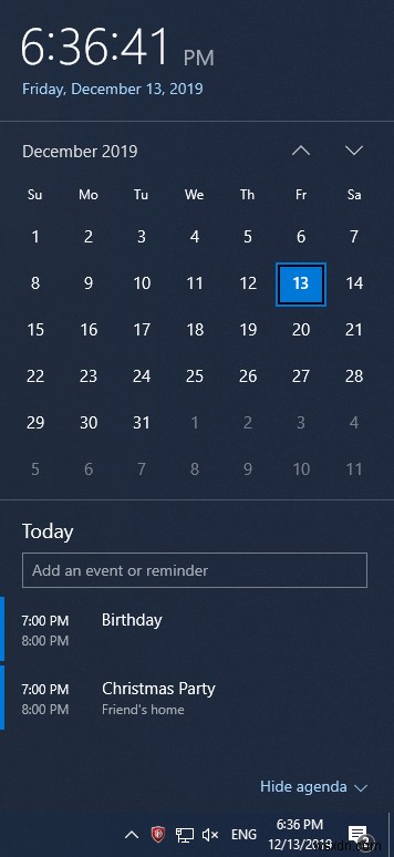 Cách sử dụng ứng dụng Lịch từ thanh tác vụ trên Windows 10
